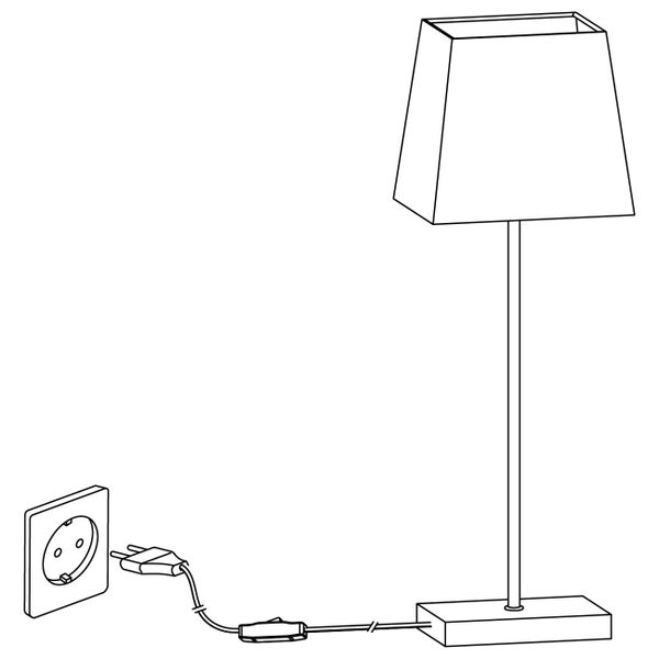 Skizze einer Tischleuchte mit rechteckigem Schirm, Stecker und Steckdose.