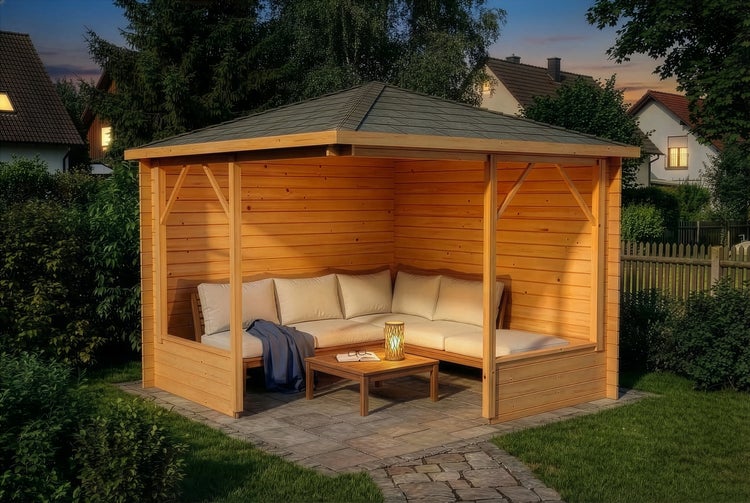 Gartenpavillon aus Holz mit Ecksofa und Tisch auf gepflasterter Fläche in einem abendlich beleuchteten Garten.