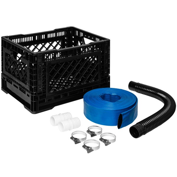Set mit Kunststoffkiste, flachem Schlauch, geriffeltem Schlauch, Schlauchverbindern und Metallschlauchschellen für Tauchpumpen.