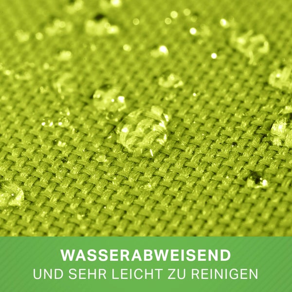 Strukturaufnahme von wasserabweisendem Textilgewebe mit Wassertropfen und Textinfo zur wasserabweisenden und pflegeleichten Eigenschaft