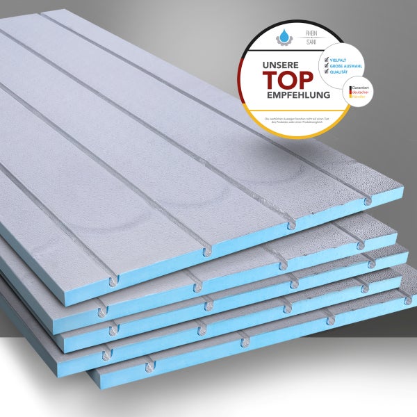 Stapel blauer Dämmplatten für Fußbodenheizungen mit Rohrführungen der Marke Rhein Sani mit Empfehlungssiegel.