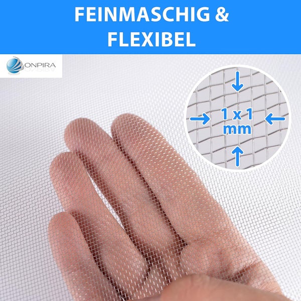Feinmaschiges, flexibles Insektenschutzgitter von Onpira mit 1 mal 1 Millimeter Maschenweite. Onpira Logo.