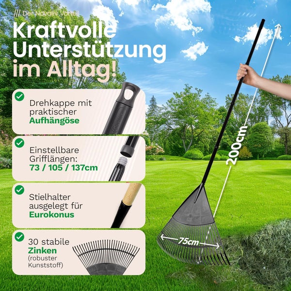Laubrechen mit 75 Zentimeter breitem Kunststoffkopf, 30 Zinken, verstellbarem Stiel, Eurokonus-Halterung und Aufhängöse, Gesamtlänge 200 Zentimeter.