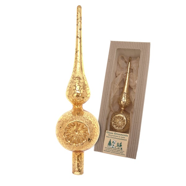 Goldene Christbaumspitze aus Glas mit Verpackung