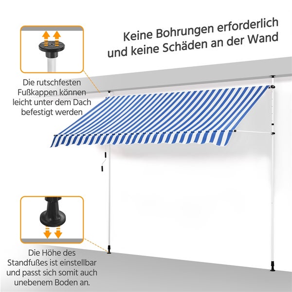 Markise mit blau-weiß gestreiftem Stoff und verstellbaren Standfüßen, Montage ohne Bohren