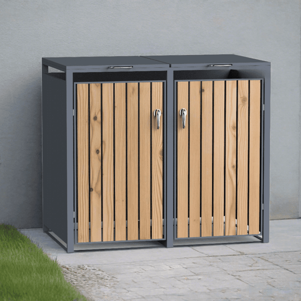 My Mülltonne BOSCO Mülltonnenbox-Lärche Optik, 2er Modell, anthrazit RAL 7016, 132 x 80 x 116cm mit Klappdach inkl. Gasdruckdämpfer und SoftClose