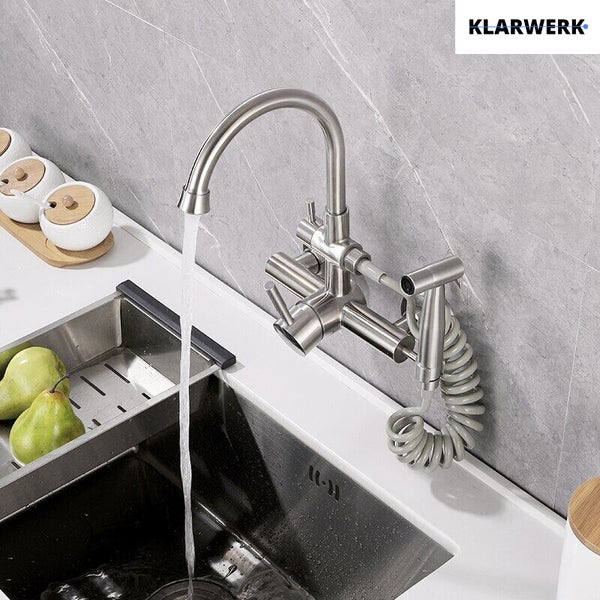 JULIE | Gastronomie Mischbatterie Wandmontage Armatur Silber | Profi Küchenarmatur Edelstahl mit Handbrause | Wasserhahn Restaurant Wand hoher Auslauf