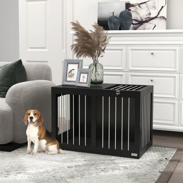 PawHut Hundekäfig für Zuhause, Hundehütte, Haustierkäfig für mittelgroße Hunde, Hundebox mit Türen, Hundehaus, Transportkäfig, Schwarz, 80 x 50 x 56,5 cm