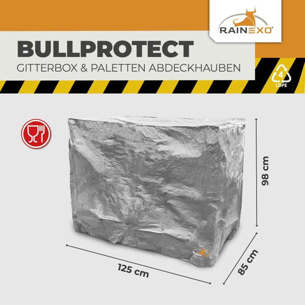 Rainexo Bullprotect Gitterbox- und Palettenabdeckhaube, 125 mal 85 mal 98 Zentimeter, lebensmittelecht, aus Polyethylen, Rainexo Logo.