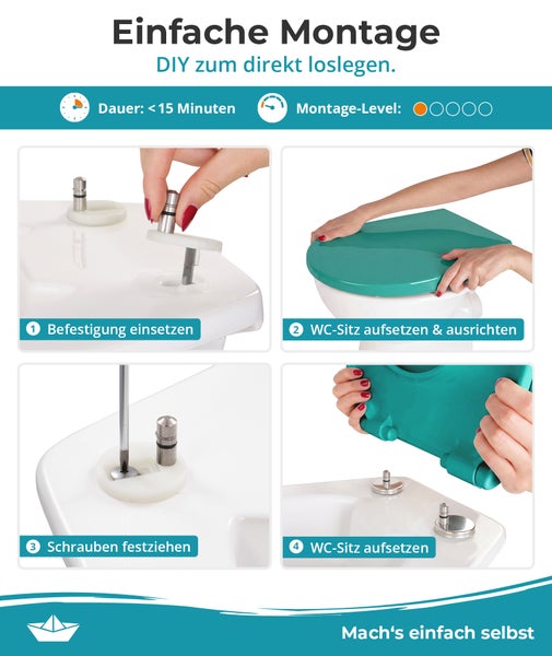 Montageanleitung für einen WC Sitz in vier Schritten mit Zeitdauer unter 15 Minuten und einfachem Schwierigkeitsgrad