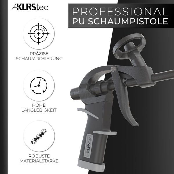 KLRStec® PROFESSIONAL PU Schaumpistole Teflon beschichtet (PTFE) - Profi Montagepistole I Bauschaumpistole mit Einhandjustierung (1k & 2k 750ml) inkl. Zubehör