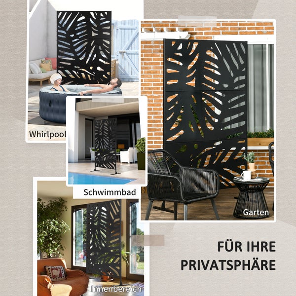 Gartenszene mit Paar, Tisch, Stühlen und dekorativem Sichtschutz