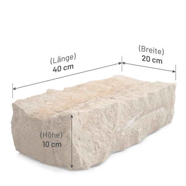 Mauerstein aus Naturstein mit den Maßen 40 Zentimeter Länge, 20 Zentimeter Breite und 10 Zentimeter Höhe.
