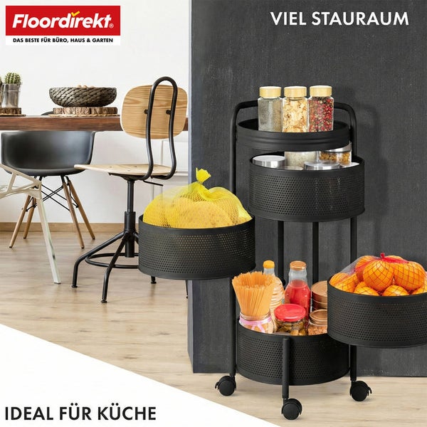 Servierwagen mit drei Ablageflächen und Lebensmitteln in einer Küche