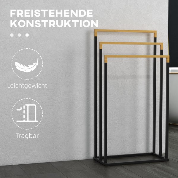 kleankin Handtuchhalter Freistehend, Handtuchständer mit 3 Handtuchstangen Badetuchhalter für Badezimmer Stahl Bambus Schwarz