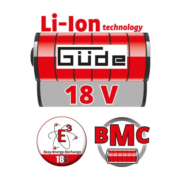 Güde Logo, Lithium-Ionen Technologie, 18 Volt, Easy Energy Exchange System und Battery Management Control.