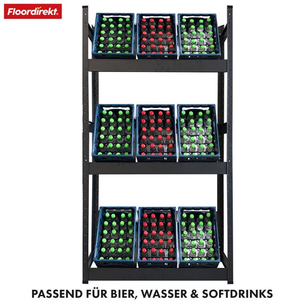 FLOORDIREKT Flaschenkastenständer Osaka - Modernes Getränkekistenregal aus Stahl - Schwarz - für 9 Kästen - 200 x 100 x 30 cm