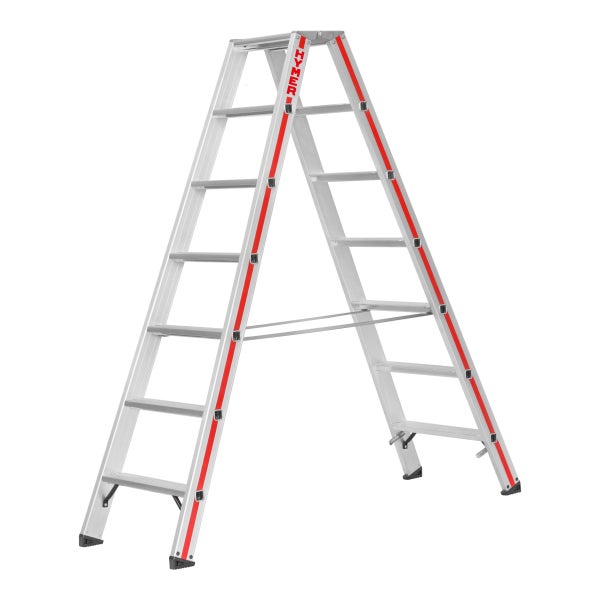 Aluminium-Doppelleiter mit Stufen und Hymer-Logo