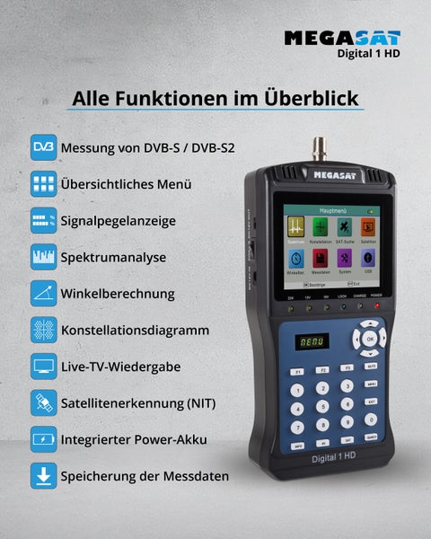 Megasat Digital 1 HD Satelliten Messgerät mit Funktionsübersicht und LCD Anzeige zur professionellen Satellitenausrichtung.