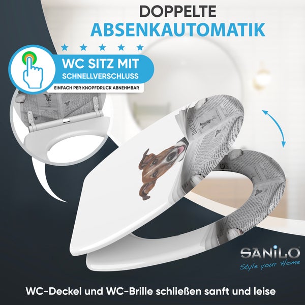 SANILO WC-Sitz mit Hundemotiv, doppelter Absenkautomatik und Schnellverschluss zum einfachen Abnehmen.