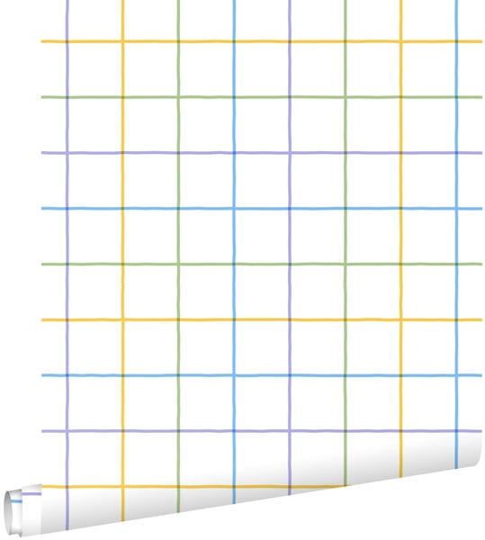 Vliestapete mit buntem Karomuster aus dünnen Linien auf weißem Hintergrund.