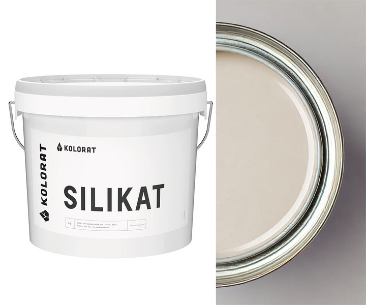 Ein Eimer Kolorat Silikat Wandfarbe und Deckenfarbe für Innen mit mattem Finish sowie eine Ansicht der offenen Dose mit der Farbe.