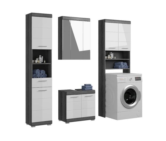 Vierteiliges Badezimmer-Set mit Hochschrank, Spiegelschrank, Kommode und Waschmaschinenschrank in Anthrazit und Weiß.