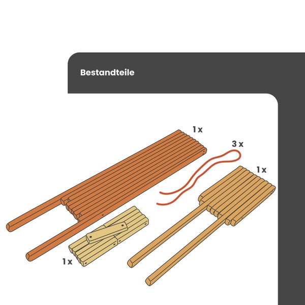 Grafische Übersicht der Bestandteile: ein langes Holzlattenelement, ein kurzes Holzlattenelement mit Schienen, eine Holzverstrebung und drei Seile.
