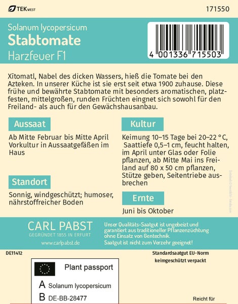 Rückseite der Samentüte für Stabtomate Harzfeuer F1 von Carl Pabst mit Informationen zu Aussaat, Kultur, Standort und Ernte sowie Pflanzenpass.