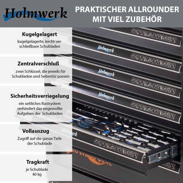 Holmwerk Werkstattwagen mit kugelgelagerten Schubladen, Zentralverschluss, Sicherheitsverriegelung, Vollauszug und 40 Kilogramm Tragkraft.
