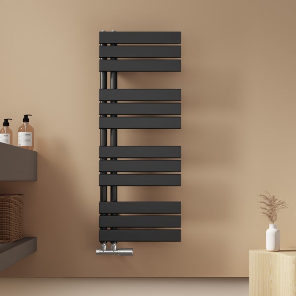 EMKE Badheizkörper Flach 1041x400 mm Schwarz Handtuchwärmer Handtuchtrockner, Panel Handtuchhalter Seitenanschluss für Bad Warmwasser 456W