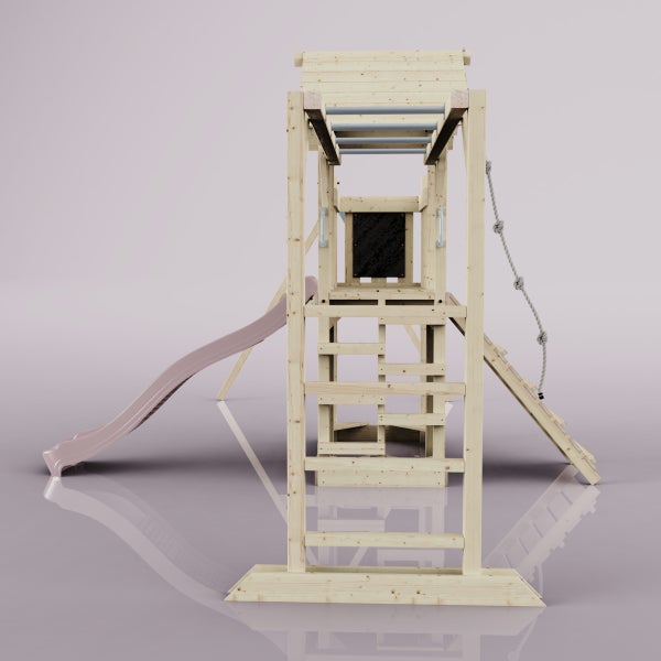 Spielturm aus Holz mit Rutsche, Kletterwand, Strickleiter und Turnstange