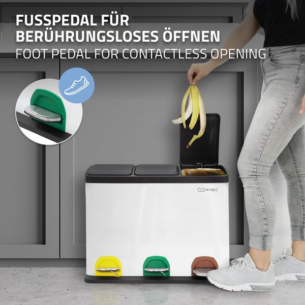ML-Design Mülleimer Küche 3x 15L (45L), Weiß, Mülltrennsystem 3 Fächer, Treteimer zur Mülltrennung, Abfalleimer aus Stahl mit Inneneimer aus Kunststoff & Klappdeckel, farblicher Kennzeichnung