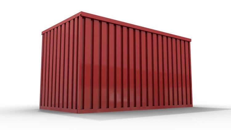 Lagercontainer Gerätehaus XL  – 10 qm, H2150 x B5080 x T2170 mm, Außenwandlackierung RAL 3000 feuerrot, Dach außen verzinkt, mit Holzfußboden, 1270 mm Einflügeltür mittig in Stirnseite, montiert