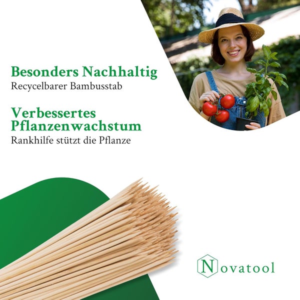 Bündel spitzer Bambusstäbe als Rankhilfe zur Unterstützung des Pflanzenwachstums. Novatool Logo.