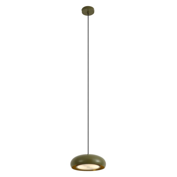Runde, olivgrüne Pendelleuchte mit flachem, kuppelförmigem Schirm, integrierter Lichtquelle und schwarzem Kabel.