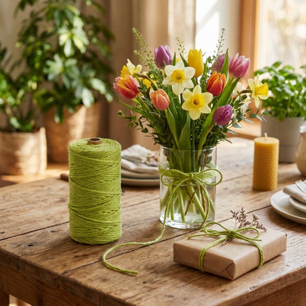 Eine Rolle grünes Dekoband auf einem Holztisch neben einer Blumenvase mit Frühlingsblumen und einem mit Schnur verpackten Geschenk.