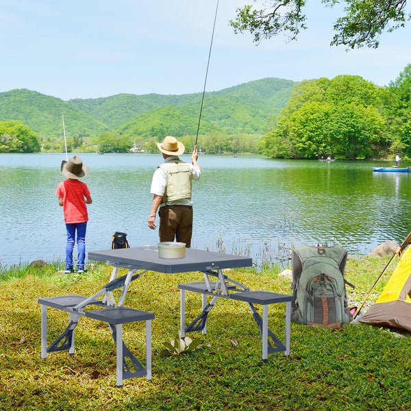 Outsunny Alu Campingtisch, Picknicktisch, mit 4 Sitzen, klappbar, L136 x B84,5 x H66 cm, Alu, Kunststoff, Dunkelgrau