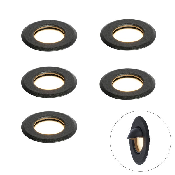 Fünf runde LED-Einbauleuchten für außen in Schwarz mit warmweißem Licht und Detailansicht einer Leuchte mit Blendschutz.