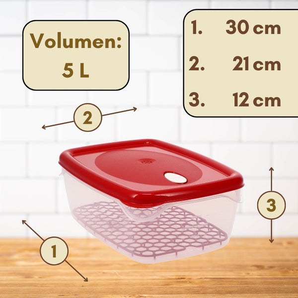 Lebensmittelbehälter mit rotem Deckel, Volumen fuenf Liter, Laenge dreissig Zentimeter, Breite einundzwanzig Zentimeter, Hoehe zwoelf Zentimeter
