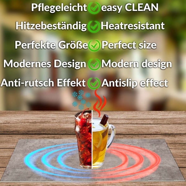Platzset mit Eigenschaften: pflegeleicht, hitzebeständig, perfekte Größe, modernes Design und Anti-Rutsch-Effekt für Kalt- und Heißgetränke.