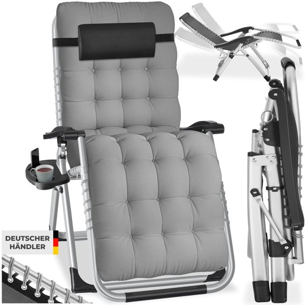 Entspannungsliege mit gepolsterter Auflage, Getränkehalter und Kopfkissen, verschiedene Positionen und zusammengeklappt dargestellt