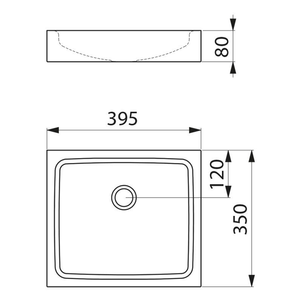 Maßzeichnung eines rechteckigen Waschbeckens mit den Maßen 395 Millimeter Breite, 350 Millimeter Tiefe und 80 Millimeter Höhe.