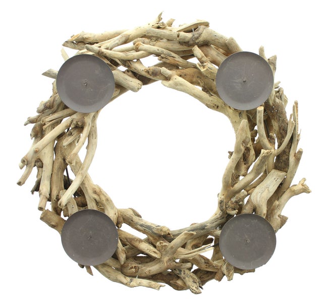 FRANK FLECHTWAREN | Adventskranz Treibholz, Ø 40 x 11 cm, TREIBHOLZ, METALL