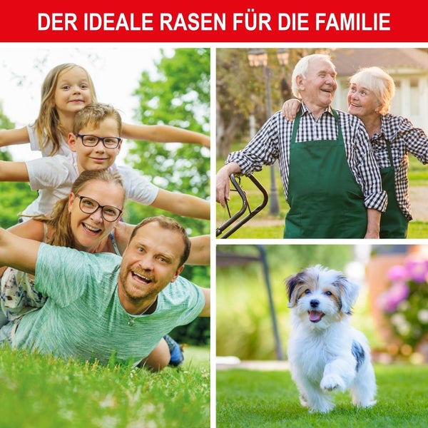 Eine Person hält eine Packung ONEST Der Familienrasen RSM 2.3 Rasensamen schräg über den Boden. Grassamen fallen aus einer praktischen Streuöffnung.