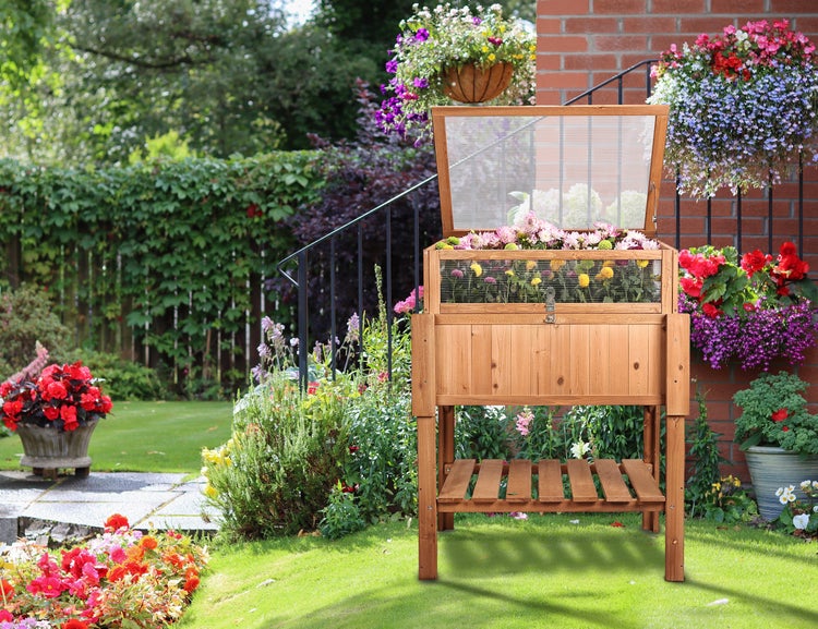 needs&wants® Großes Hochbeet mit Frühbeet-Aufsatz Abdeckung aus Holz für Garten Balkon, Pflanzbeet mit Gewächshaus Frühbeetkasten mit Deckel Dach Haube Ablage Pflanzkasten, 90 x 60 x 118 cm, braun