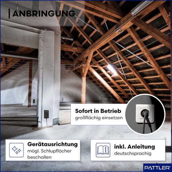 PATTLER ® Marderschreck mit Stecker - für 60m² | Marderschreck für Dachboden, Haus, Garten, Garage | Anschluss an Steckdose | Marderabwehr Dachboden mit Ultraschall