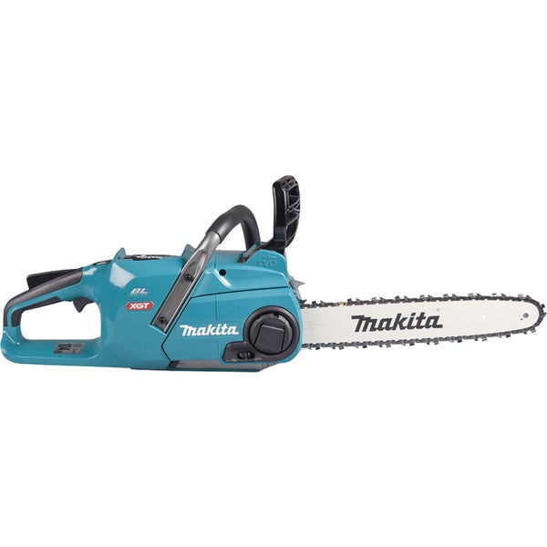 Makita Akku-Kettensäge in Blau und Schwarz mit bürstenlosem Motor und weißer Führungsschiene.