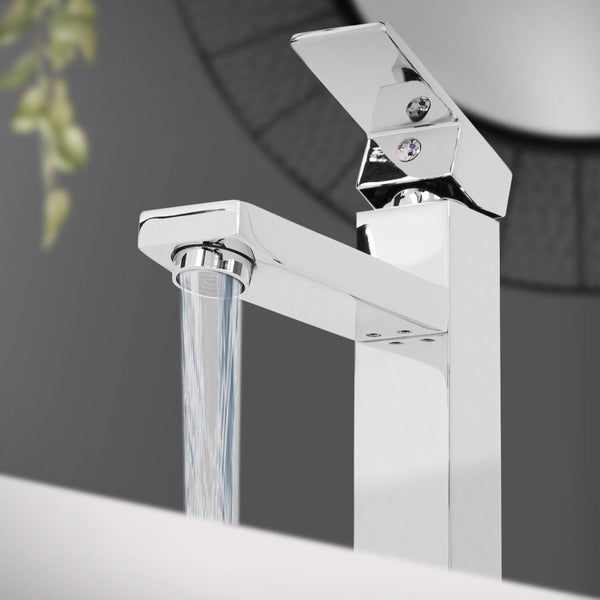 ECD Germany Waschbecken Waschtisch 415x360x130 mm Keramik Weiß Eckig + Wasserhahn Standard Chrom Eckig + Ablaufgarnitur Pop-Up Ventil Weiß, Aufsatzwaschbecken Aufsatzwaschtisch Waschschale Spülbecken