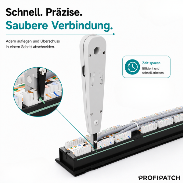 LSA-Anlegewerkzeug zum Auflegen und Abschneiden von Adern an einem Patchpanel in einem Schritt. Zeitsparend. PROFIPATCH Logo.